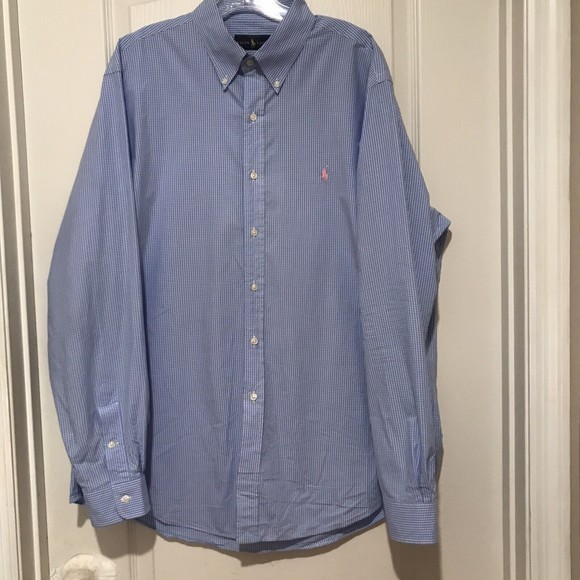 RALPH LAUREN Mens‎ XL Pink Logo Horse Blue/White Check Button Up Shirt Workwear - Picture 2 of 9